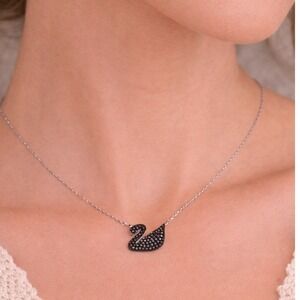 Swarovski Iconic Swan Pendant Necklace Black Crystal Rhodium Plated
